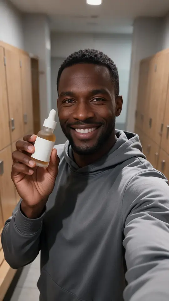 Variant frame: an athletic man in a grey hoodie in a gym locker room holding the serum bottle