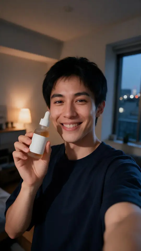 Variant frame: a young man in a Tokyo apartment at dusk holding the same serum bottle in the same pose
